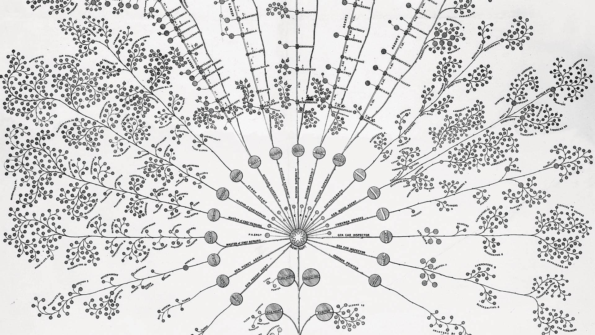1855 org chart of the New York & Erie Railroad — senior leadership at the root, with branching lines of authority running outward like (railroad) tracks. Not just a hierarchy, but a literal map of how work moved and who controlled the switches.